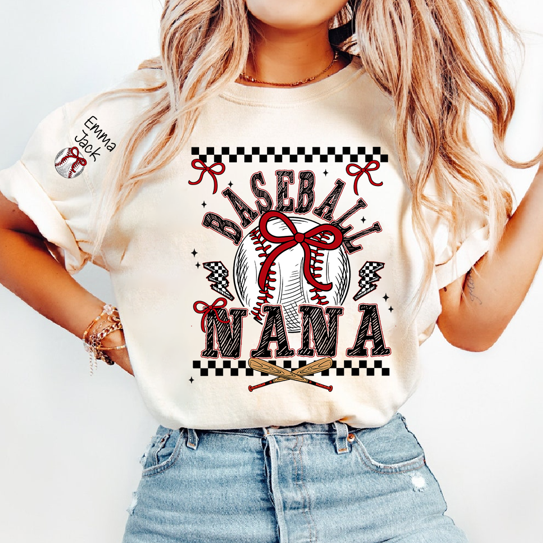 Baseball Nana T-Shirt, Personalized Nana T-Shirt with Bow and Vintage Baseball Design