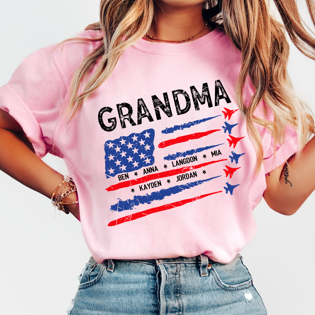 Patriotic Grandma Shirt with American Flag and Fighter Jet Design for 4th of July