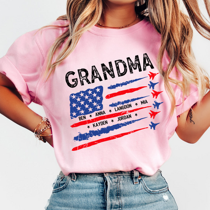 Patriotic Grandma Shirt with American Flag and Fighter Jet Design for 4th of July