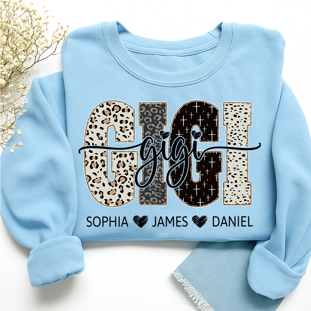 Personalized GiGi Sweatshirt With Grandkids Names, Custom Leopard Print Grandma Pullover