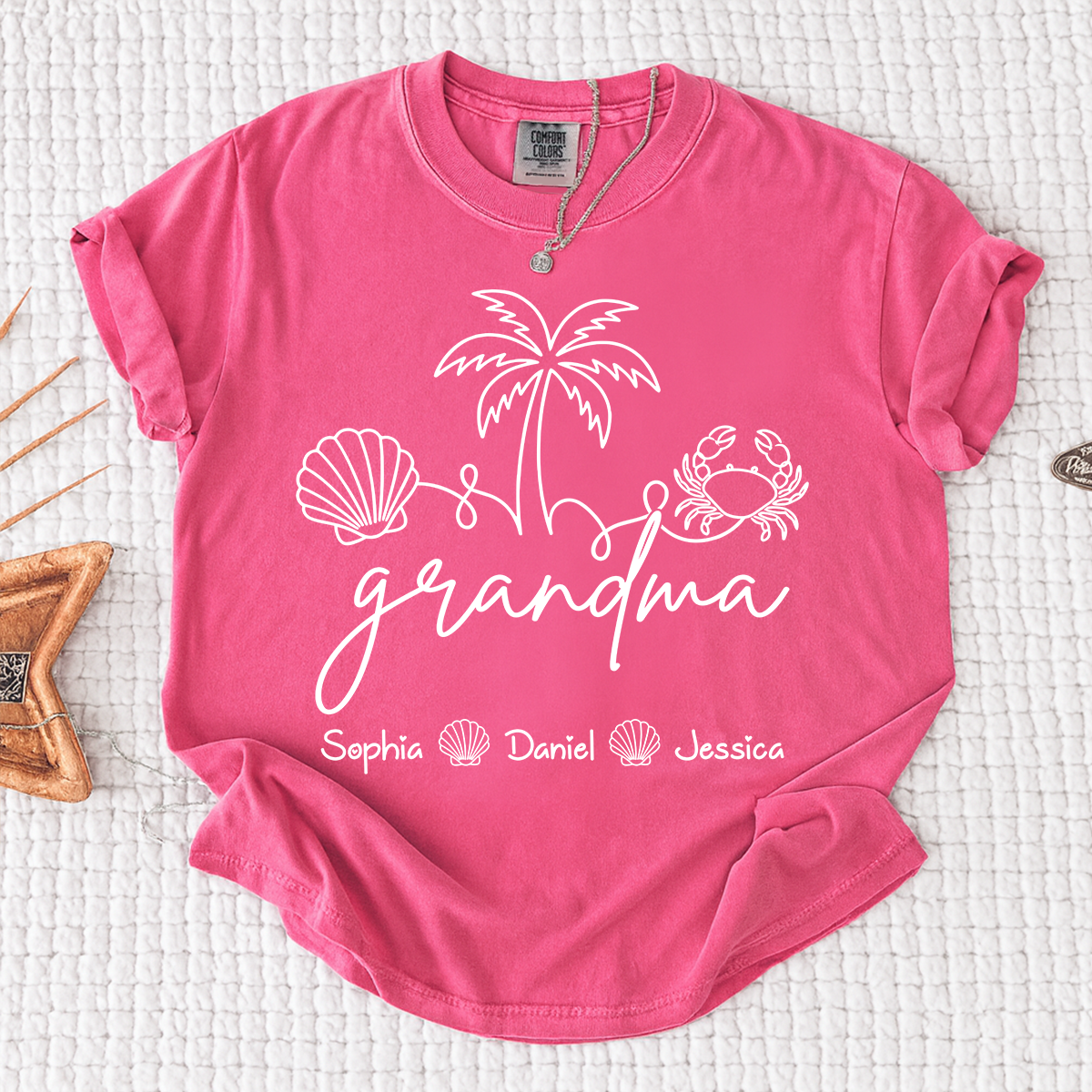 Comfort Colors Personalized Grandma Shirt with Grandkids Names, Custom Beach Line Art Tee, Palm Tree Shell Crab Family T-Shirt