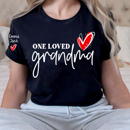 One Loved Grandma T-Shirt, Personalized Grandma T-Shirt with Heart Design and Custom Name