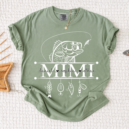 Comfort Colors® Personalized Mimi Fishing Shirt Custom Name Angler Tee for Grandmother, Unique Gift for Grandma Who Loves Fishing