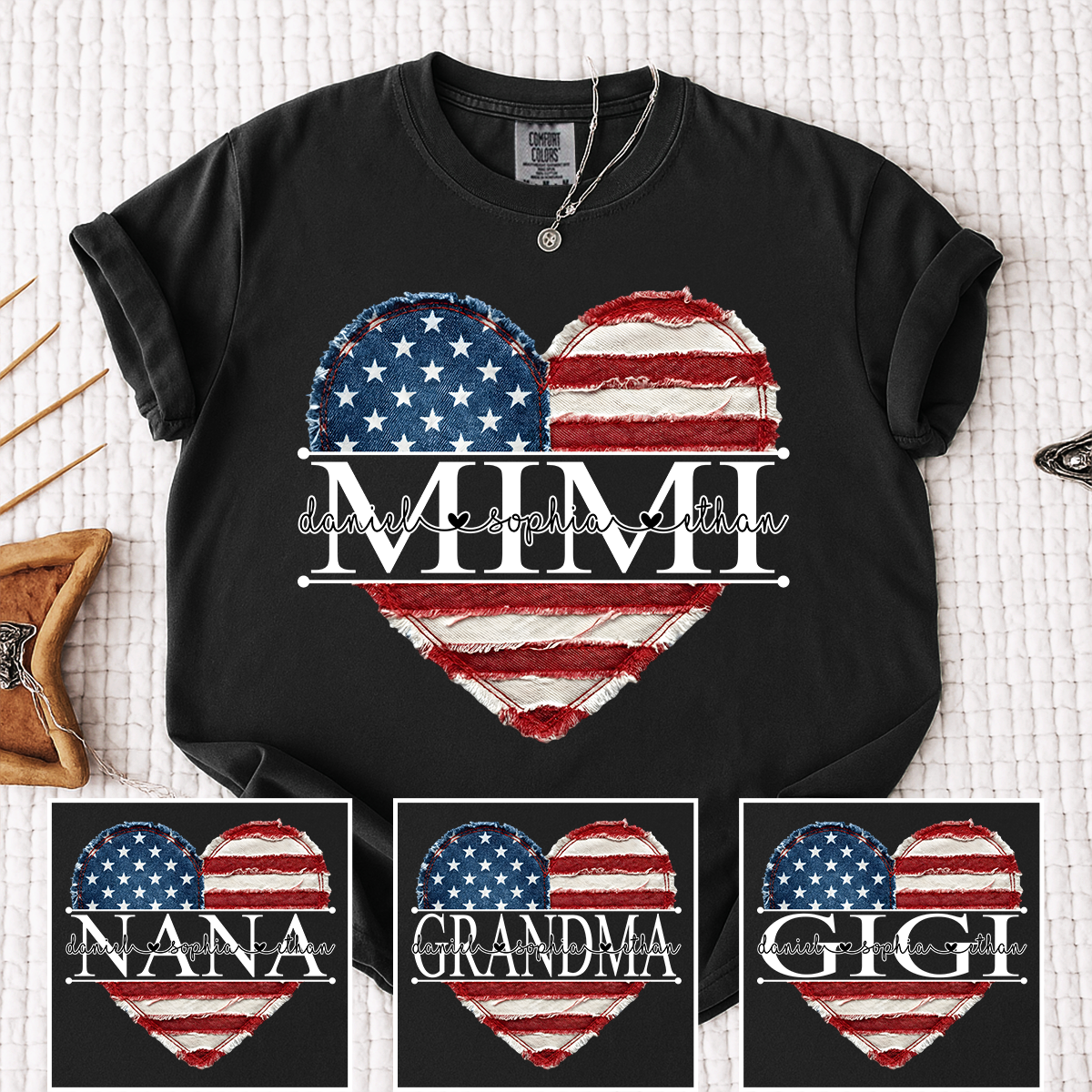 Comfort Colors Mimi Shirt with USA Flag Heart, Personalized with Kids Names, Custom Grandmother T Shirt, Ideal for Mother's Day, Patriotic Gift