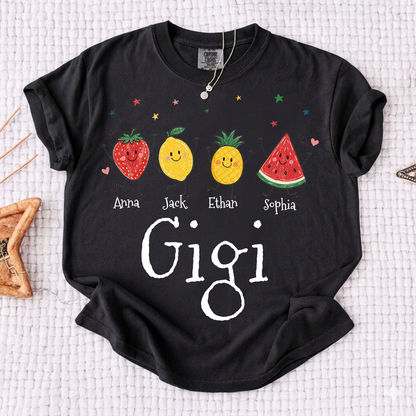 Comfort Colors® Personalized Gigi Shirt with Grandkids Names, Cute Fruit Family Grandma Tee, Custom Gigi Gift from Grandchildren, Summer Family Shirt