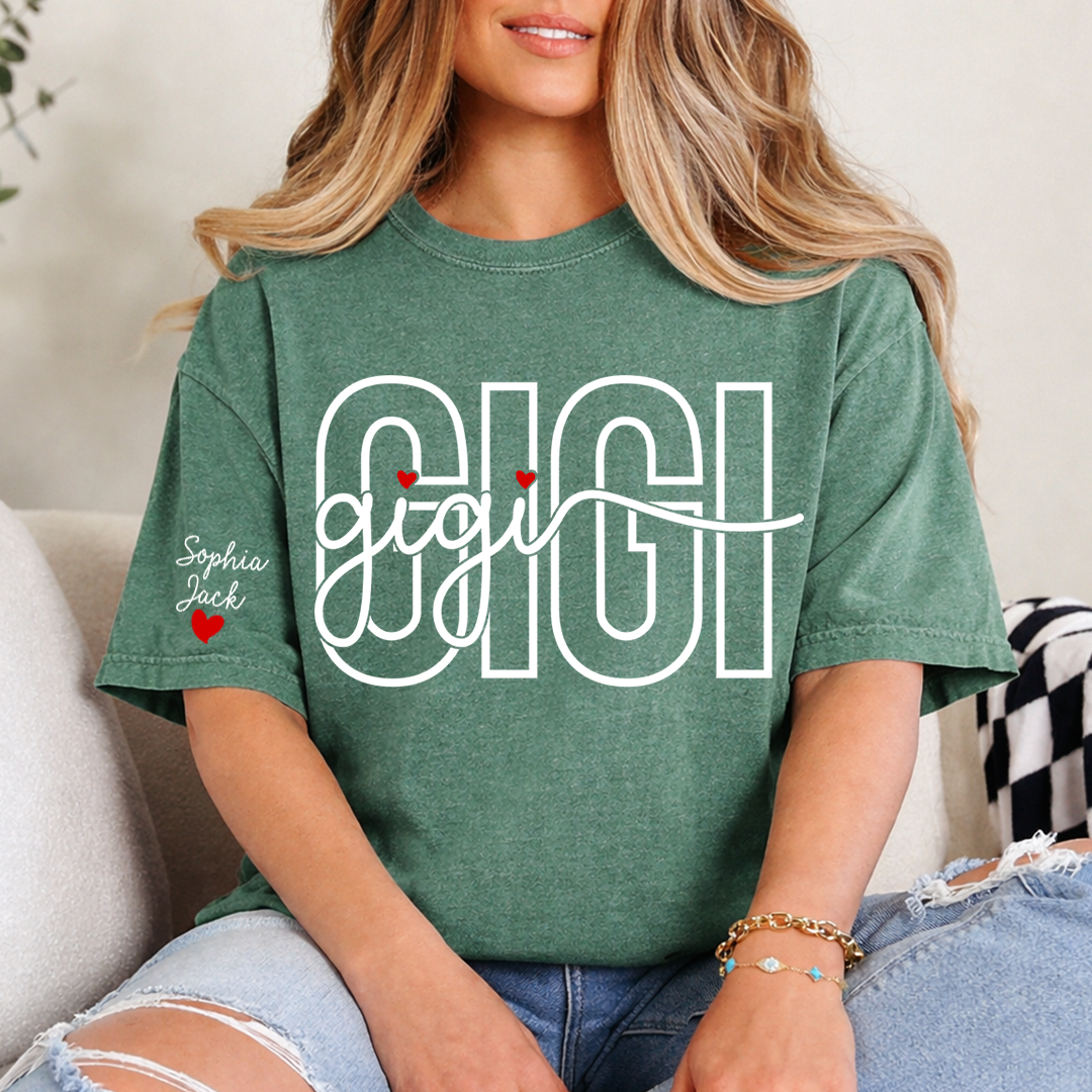 Custom Gigi Shirt for Women, Personalized Grandkids Names Tee, Grandma Family Shirt, Heart Name Graphic Gift for Gigi Lovers