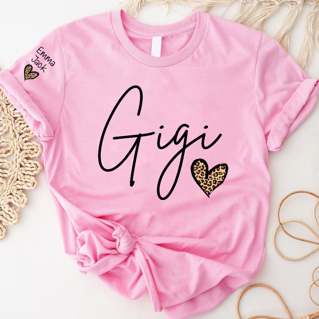 Gigi Shirt for Grandma, Personalized Custom Name Tee with Leopard Print Heart Design