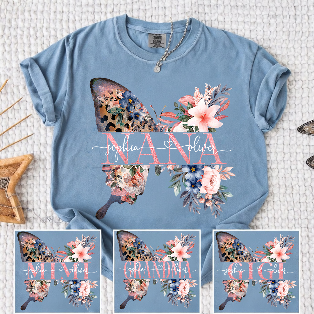 Comfort Colors Personalized Nana Shirt with Floral Butterfly Design Custom Name Grandma Mimi Gigi Family Tee Unique Grandkids Names Gift for Her