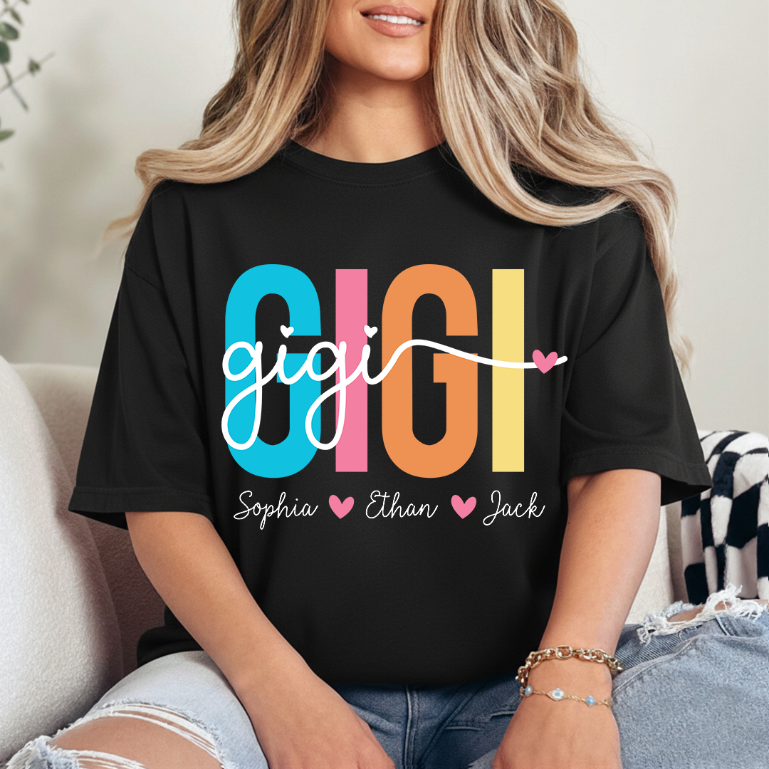 Personalized Gigi Shirt with Grandkids Names, Colorful GIGI Graphic Tee, Custom Grandma T Shirt, Family Gift for Gigi from Grandchildren