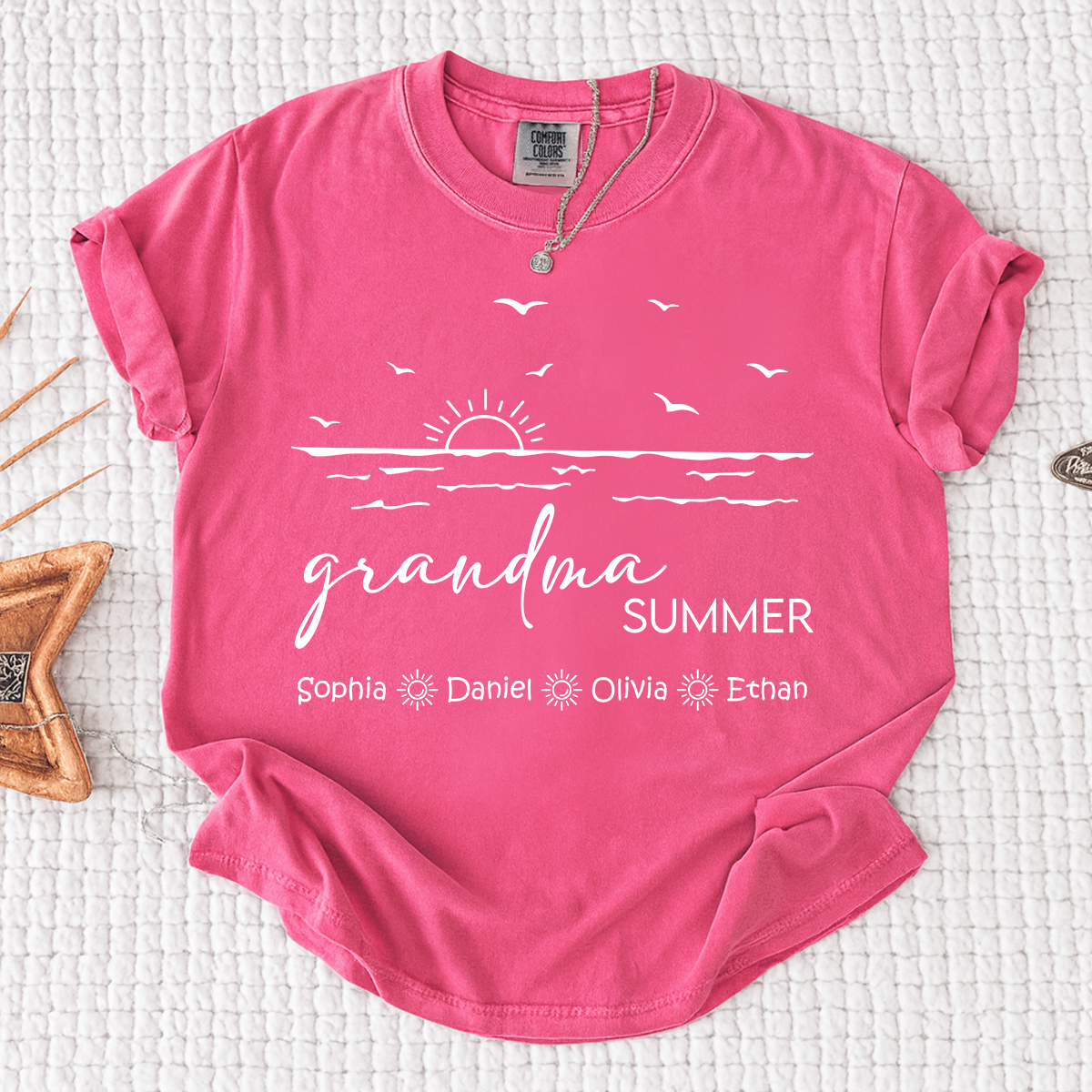 Comfort Colors Custom Name Grandma Shirt, Summer Beach Vacation Tee with Grandkids Names, Ocean Inspired Apparel for Grandma
