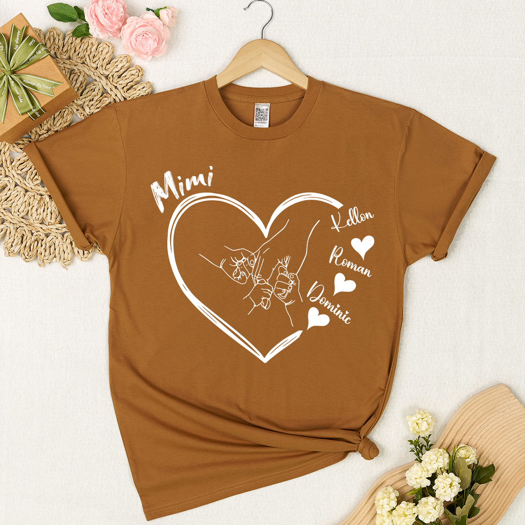 Personalized Mimi Shirt with Grandkids Names, Hands Holding Heart Graphic Family Tee
