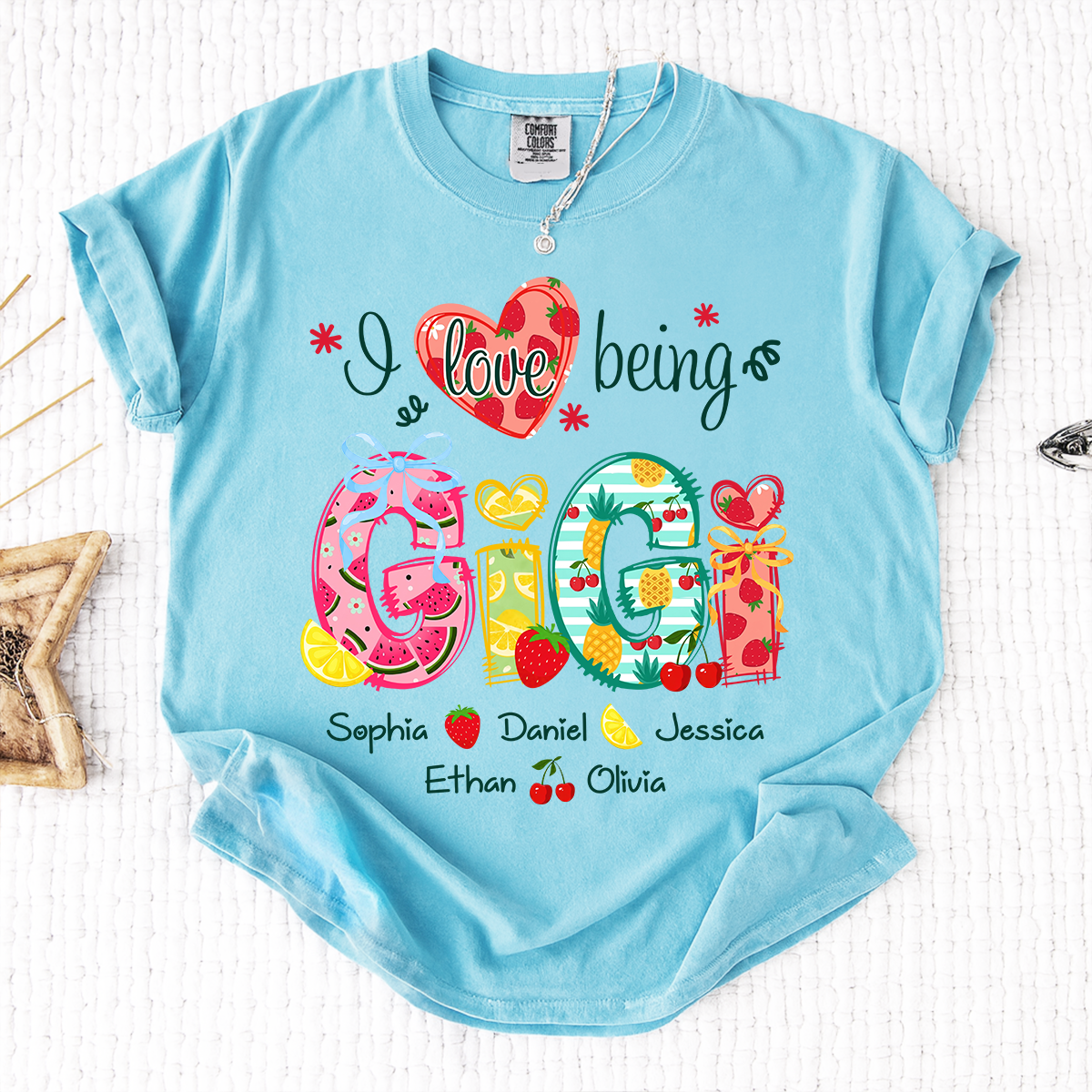 Comfort Colors I Love Being Gigi Shirt with Names, Personalized Fruit Pattern T-Shirt for Grandma, Summer Family Apparel