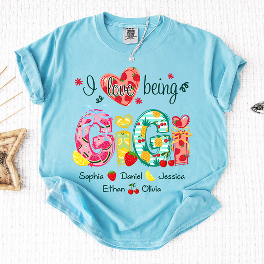 Comfort Colors I Love Being Gigi Shirt with Names, Personalized Fruit Pattern T-Shirt for Grandma, Summer Family Apparel