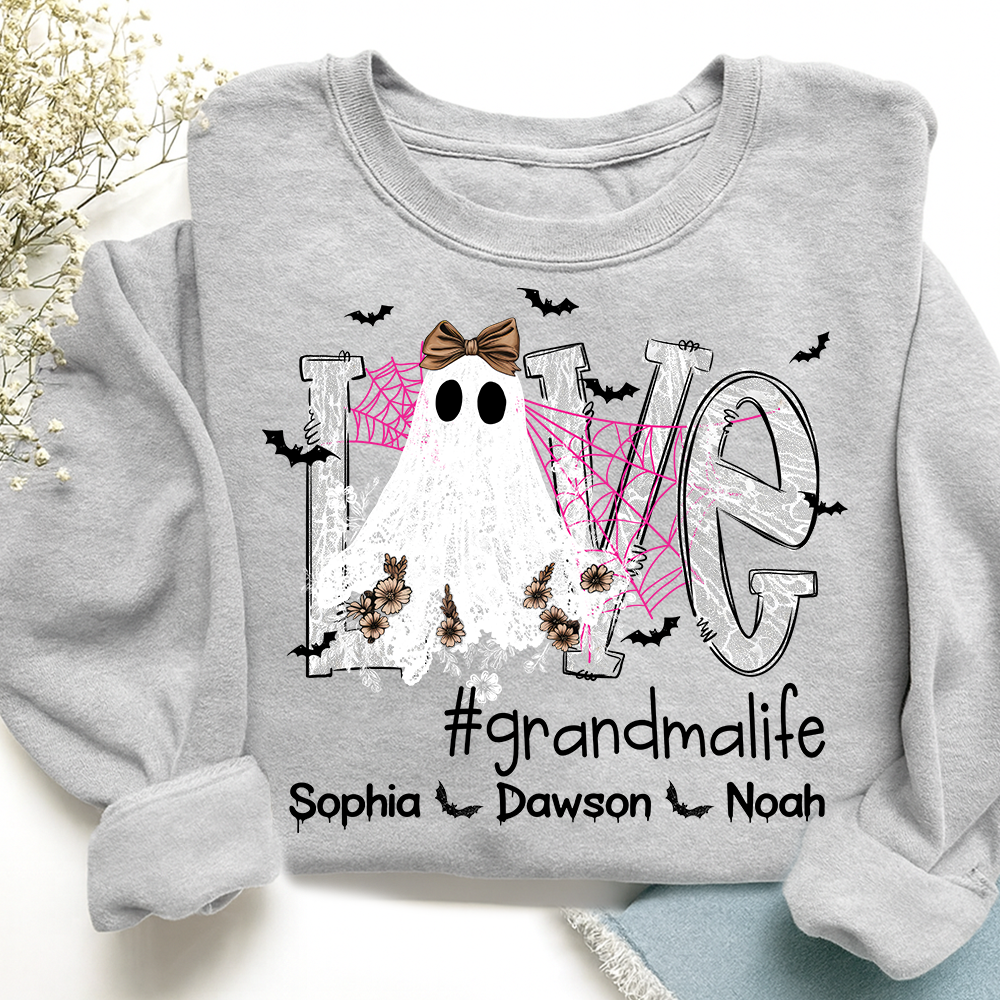Personalized Mimi Life Halloween Sweatshirt, Custom Love Ghost Shirt with Kids Names