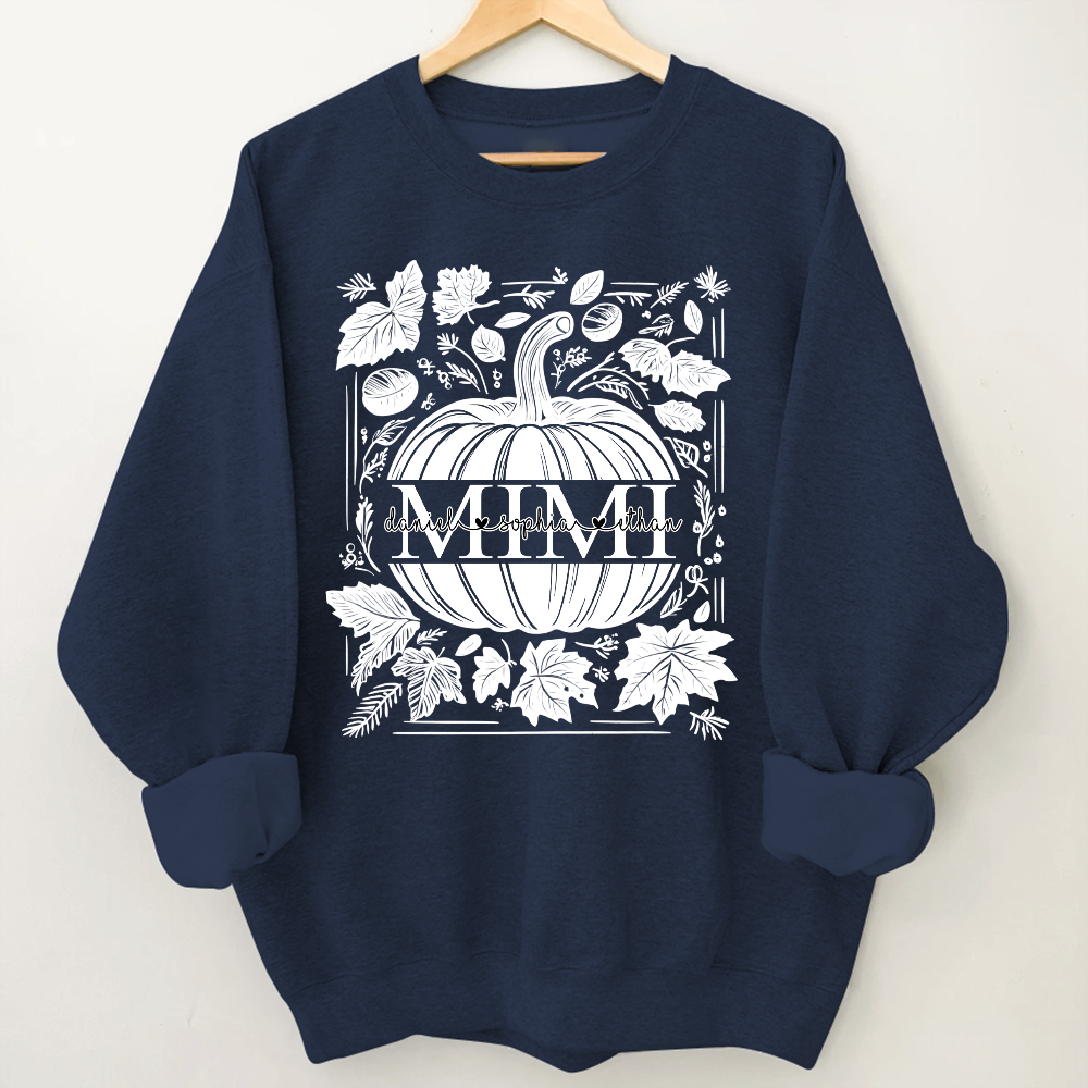 Custom Mimi Autumn Sweatshirt, Pumpkin and Leaf Design with Grandkids Names, Personalized Grandma Fall Apparel