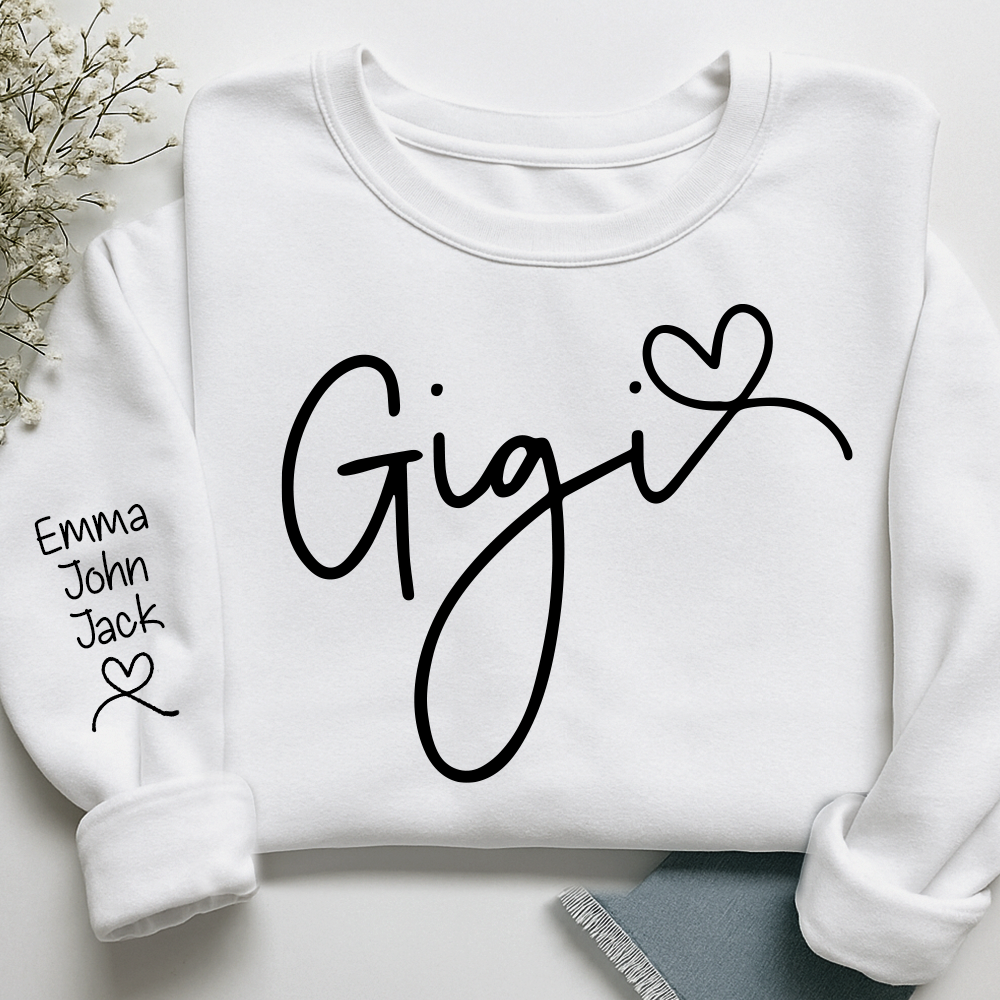 Custom Gigi Sweatshirt, Elegant Script Heart Design Personalized Names