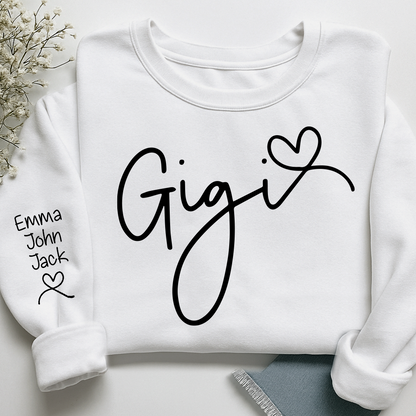 Custom Gigi Sweatshirt, Elegant Script Heart Design Personalized Names