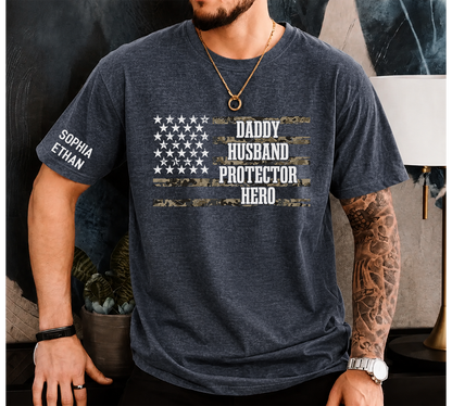 Custom Daddy Husband Protector Hero Shirt, Personalized Dad Shirt with Kids Names, Camo USA Flag Father’s Day Gift