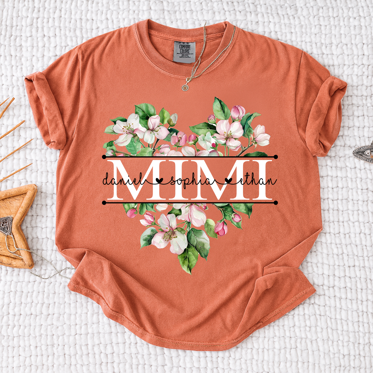 Comfort Personalized Mimi Flower Heart Shirt, Custom Names Family Gift T Shirt