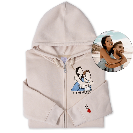 Personalized Embroidered Zip Hoodie, Custom Portrait Couple Embroidered Zip Hoodie
