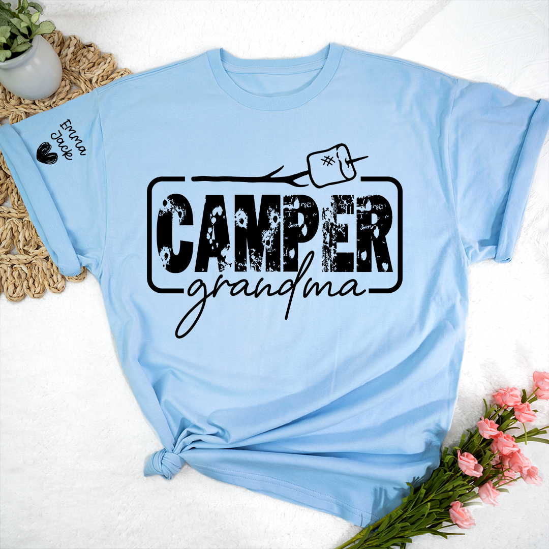 Camper Grandma Shirt, Funny Camping Grandma Tee, Personalized Grandkids Names Sleeve Shirt, RV Camper Gift for Grandma
