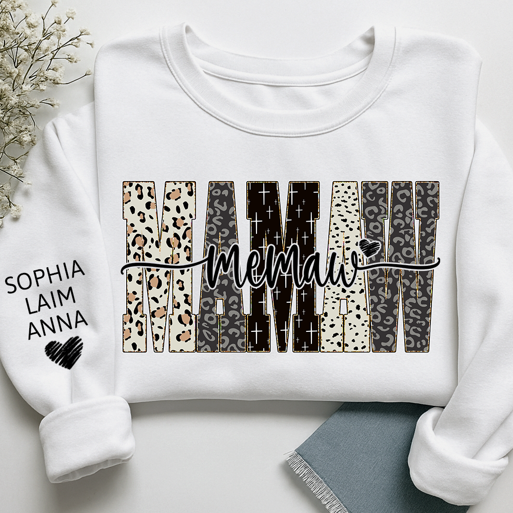 Personalized Memaw Leopard Sweatshirt – Custom Bible Style Design, Unique Gift for Grandma and Her Grandkids