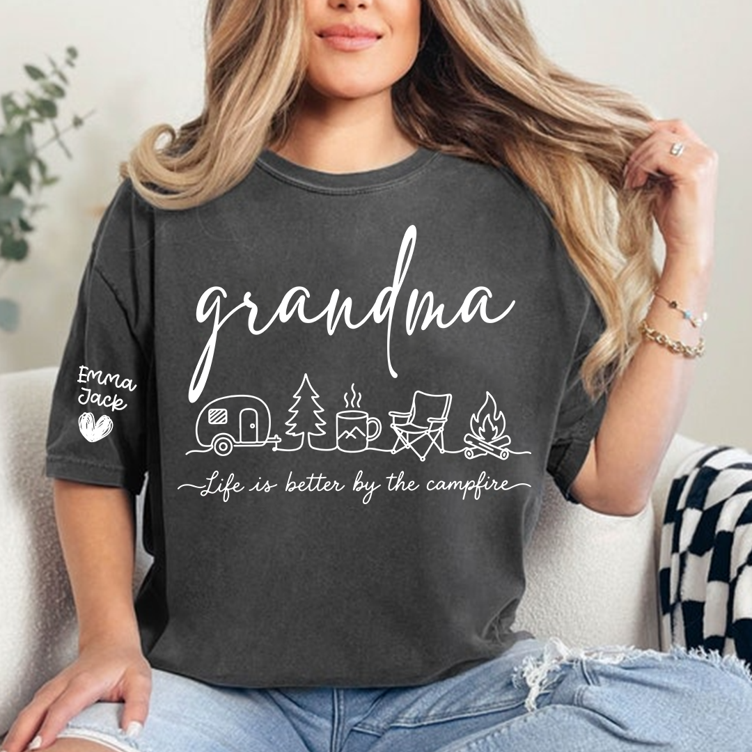 Grandma Camping Shirt, Life Is Better By The Campfire Tee, Personalized Grandkids Names Sleeve Shirt, Camping Gift for Grandma