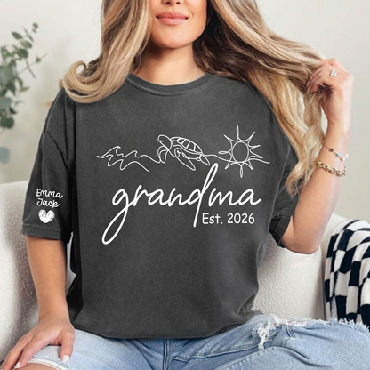 Personalized Grandma Nature Shirt, Sea Turtle Botanical Graphic Tee, Custom Sleeve Names T Shirt, Ocean Lover Gift for Grandma