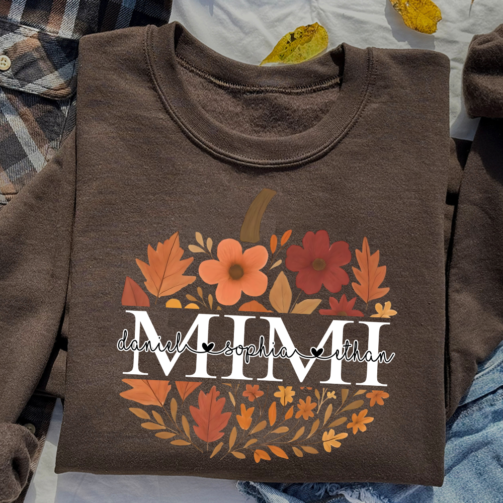 Mimi Pumpkin Floral Sweatshirt, Custom Grandchildren Names Fall Shirt, Personalized Autumn Grandma Gift, Cozy Family Outfit