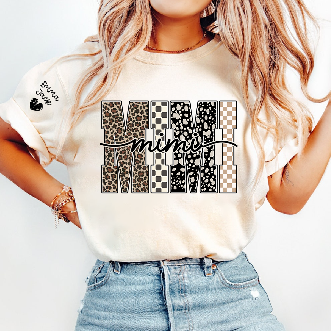 Personalized Mimi Shirt with Grandkids Names, Leopard and Checkered Pattern Family Tee