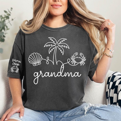 Personalized Grandma Beach Shirt, Custom Grandkids Names Sleeve Tee, Coastal Grandma T Shirt, Ocean Lover Gift for Grandma