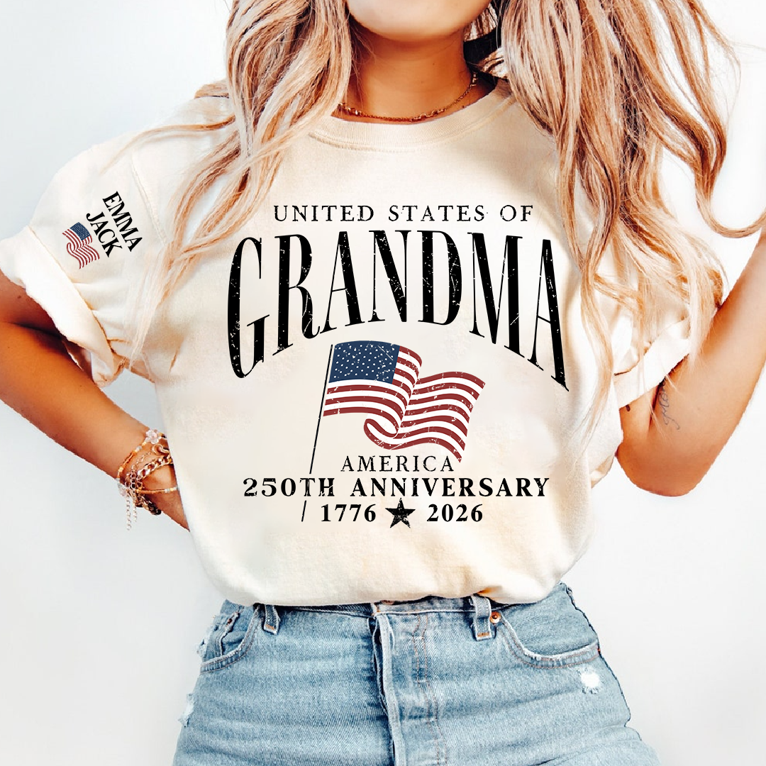 America's Semiquincentennial T-Shirt, Personalized For Gift Grandma with Kid Names