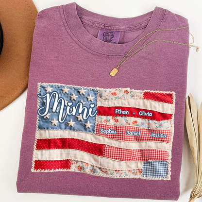 Comfort Colors Personalized Mimi Shirt with Family Names, Custom American Flag Design, Ideal Gift for Grandmother