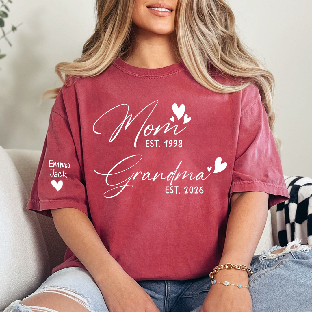 Personalized Mom and Grandma T-Shirt, Custom EST Year T-Shirt with Heart Design for Family