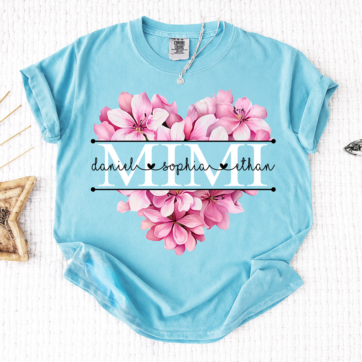 Comfort Colors Pink Floral Heart Design Family Tee, Personalized Mimi Shirt with Custom Names