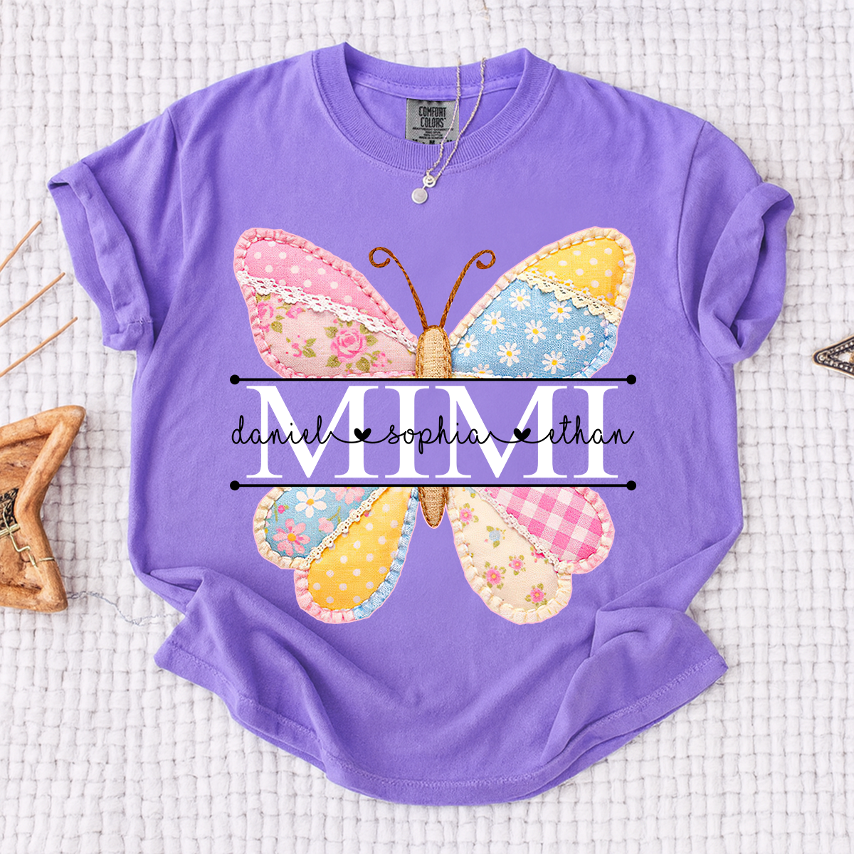 Comfort Colors Vibrant Mimi Shirt with Pink and Yellow Butterfly Patchwork, Custom Grandkids Names