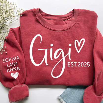 Personalized Gigi Est Heart Sweater, Gift for Grandma and Kids, Unique Gift for Grandma and Family