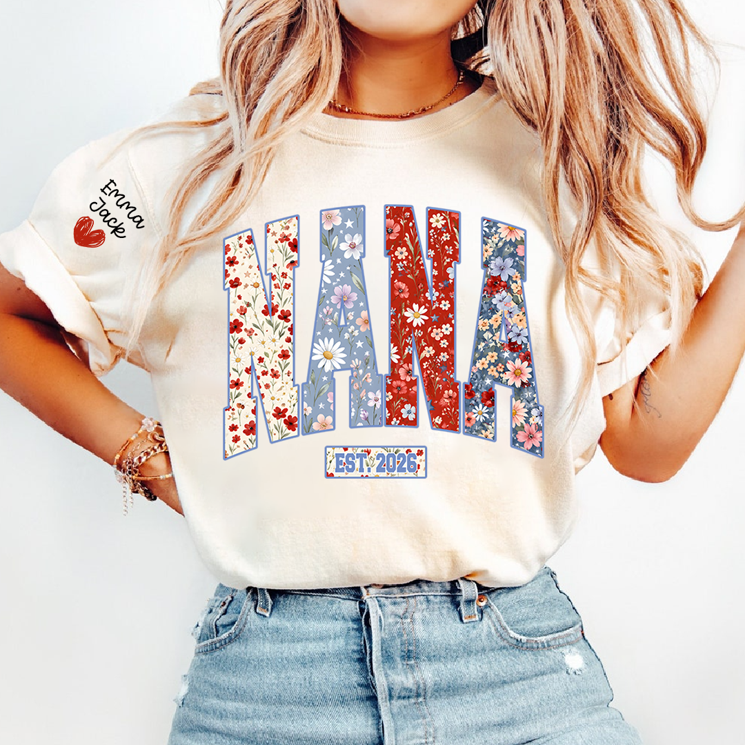 Personalized Nana 4th July Independence Day American, Floral American FlagT-Shirt, Patriotic Gift For Grandma And Kids