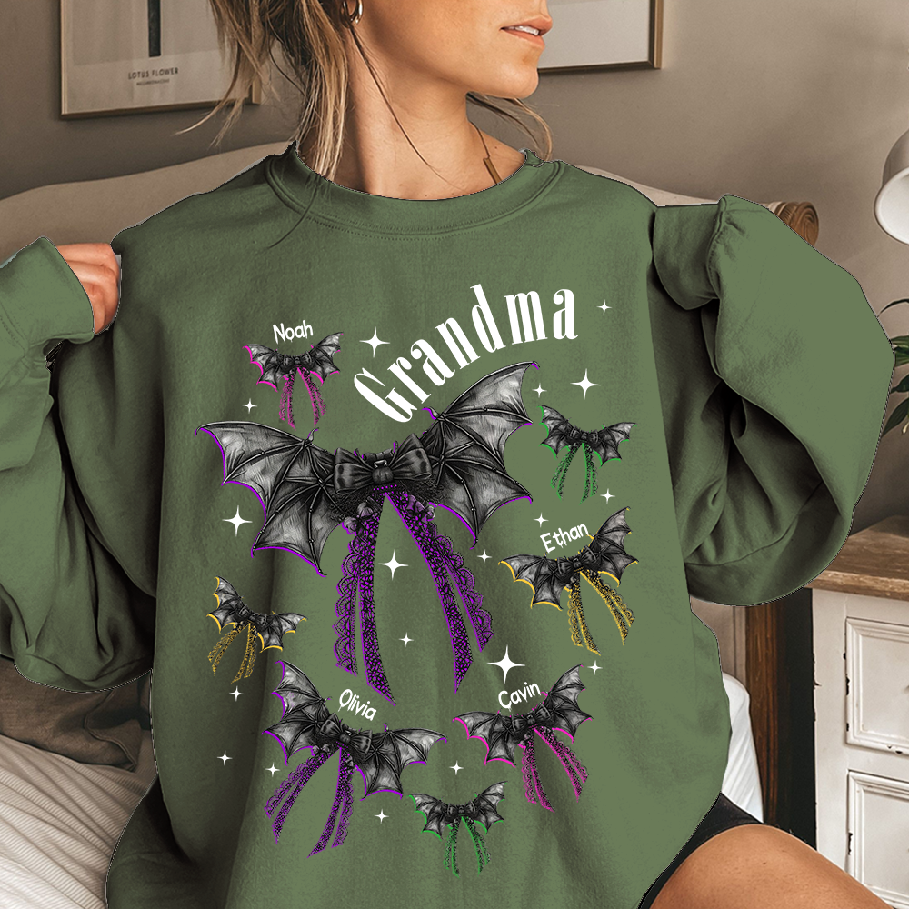 Grandma Halloween Sweatshirt, Personalized Family Spooky Bow for Grandma And Kids