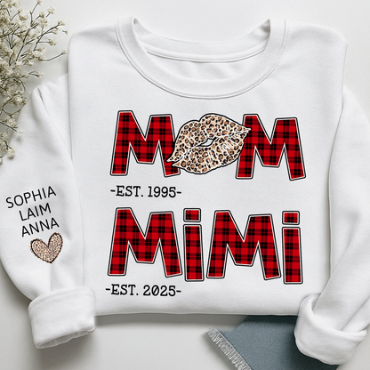Personalized Mom Mimi Sweatshirt, Custom Leopard Lips Plaid Letters
