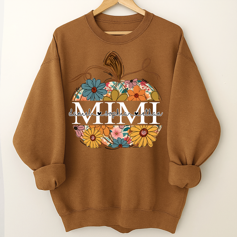 Custom Mimi Pumpkin Sweatshirt with Grandchildren Names, Personalized Floral Fall Shirt, Grandma Thanksgiving Gift