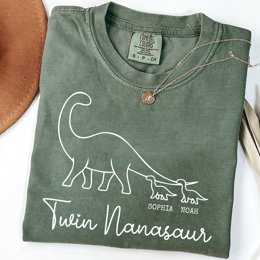 Comfort Colors® Twin Nanasaur Shirt, Personalized Dinosaur Grandma Tee, Custom Grandkids Names T Shirt, Fun Dino Grandma Gift