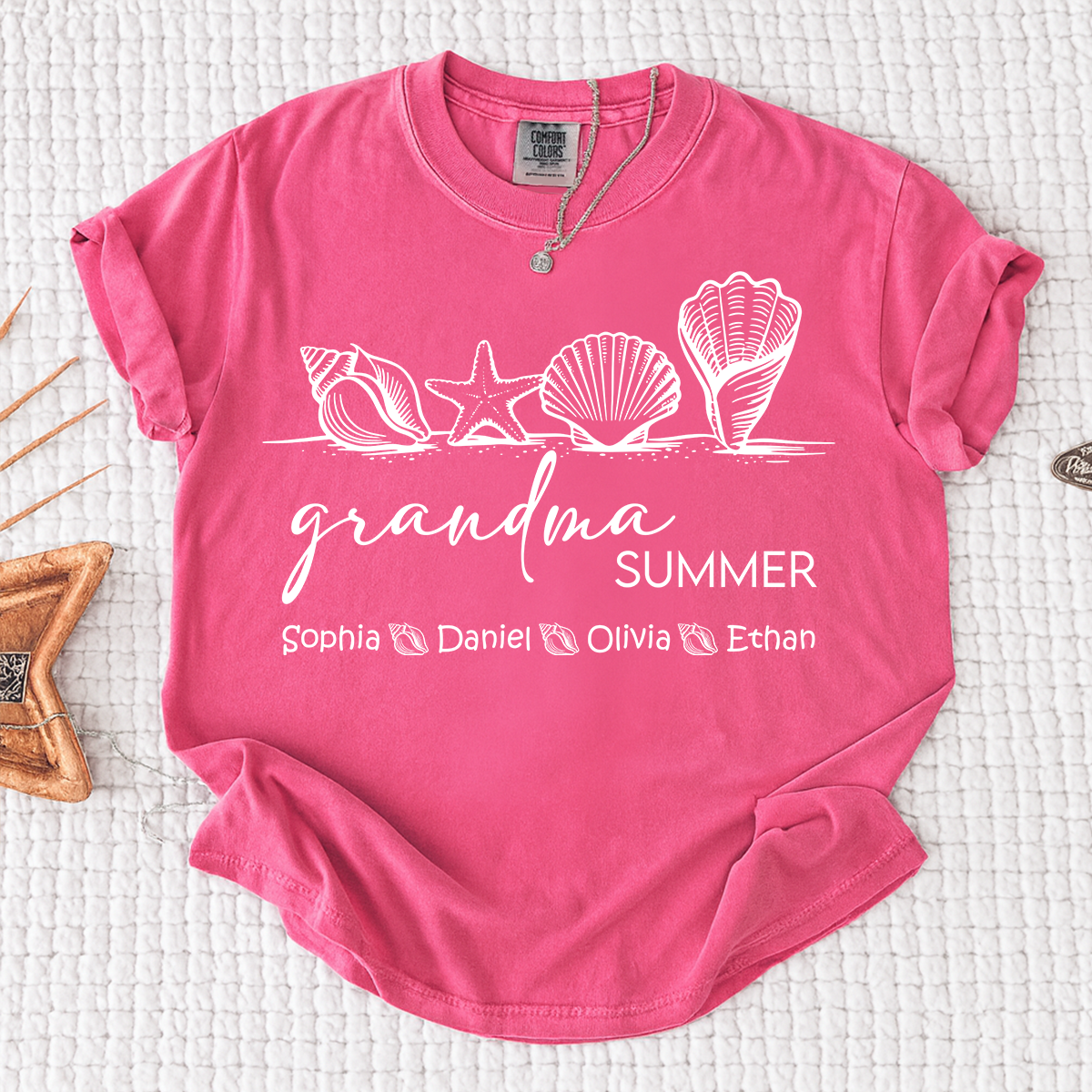 Comfort Colors Grandma Summer Vacation Shirt, Personalized Seashell T-Shirt with Kids Names, Beach Lover Grandma Family Trip Gift