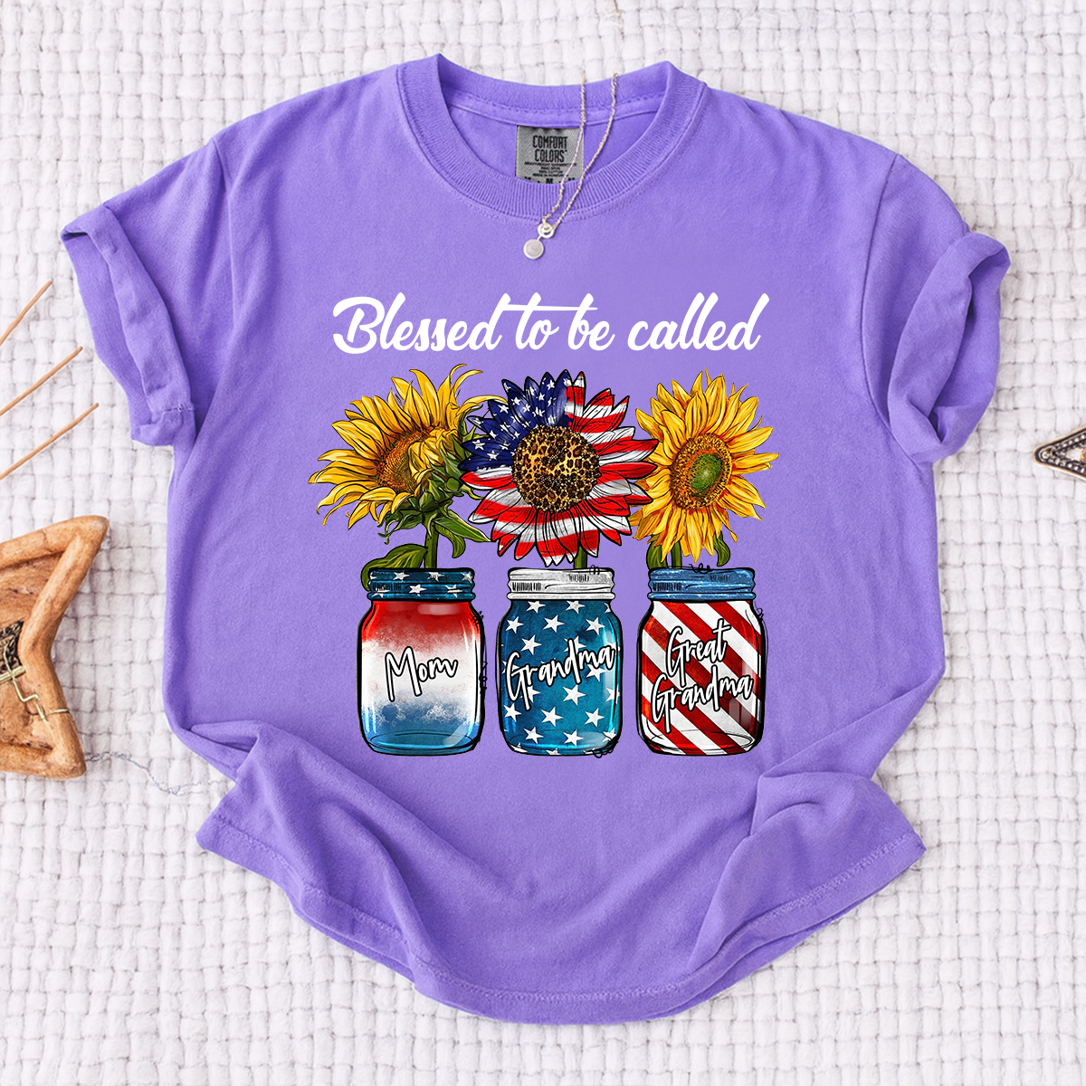 Comfort Colors Personalized Blessed to be Called Shirt, Custom Names with Sunflower and Patriotic Jar Design