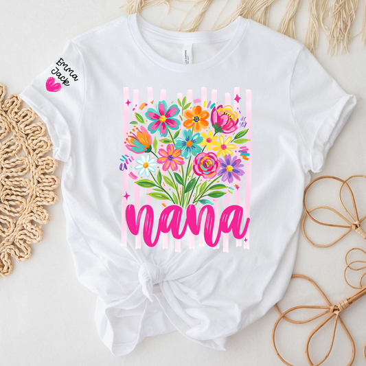 Custom Striped Wildflowers Nana T-Shirt, Trendy Ditsy Floral Gift for Grandma And Kids