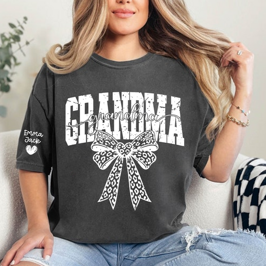 Personalized Grandma T-Shirt with Leopard Print Bow and Custom Grandkids Names