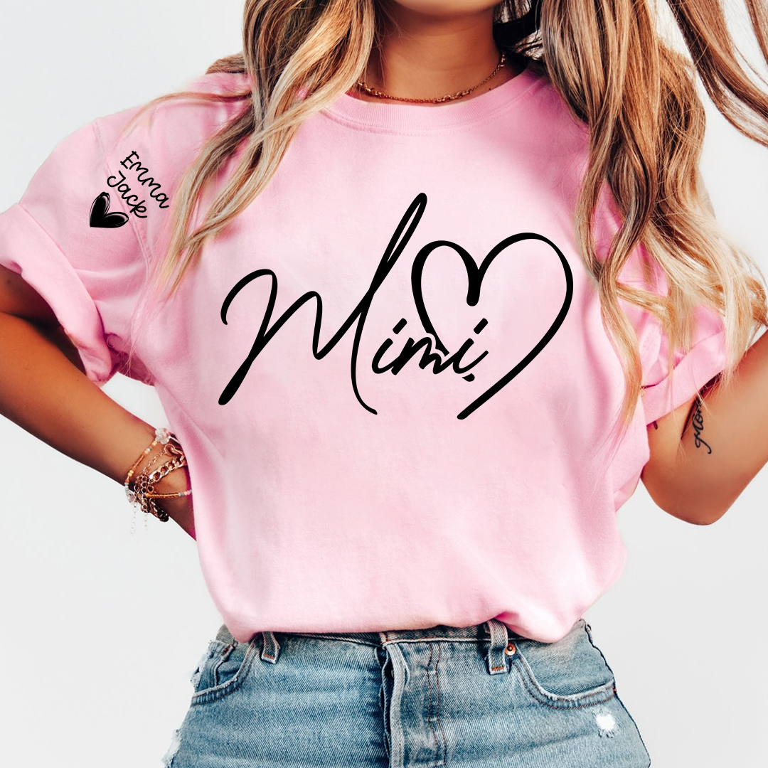 Personalized Family Mimi T Shirt with Custom Names, Simple Script Heart Design