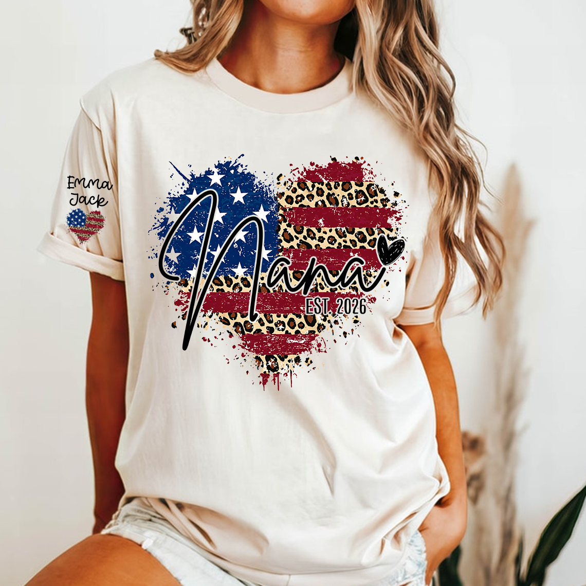 Custom American Flag Heart Nana T-shirt, Grandma Shirt with Kids, Mother's Day Gift for Grandma