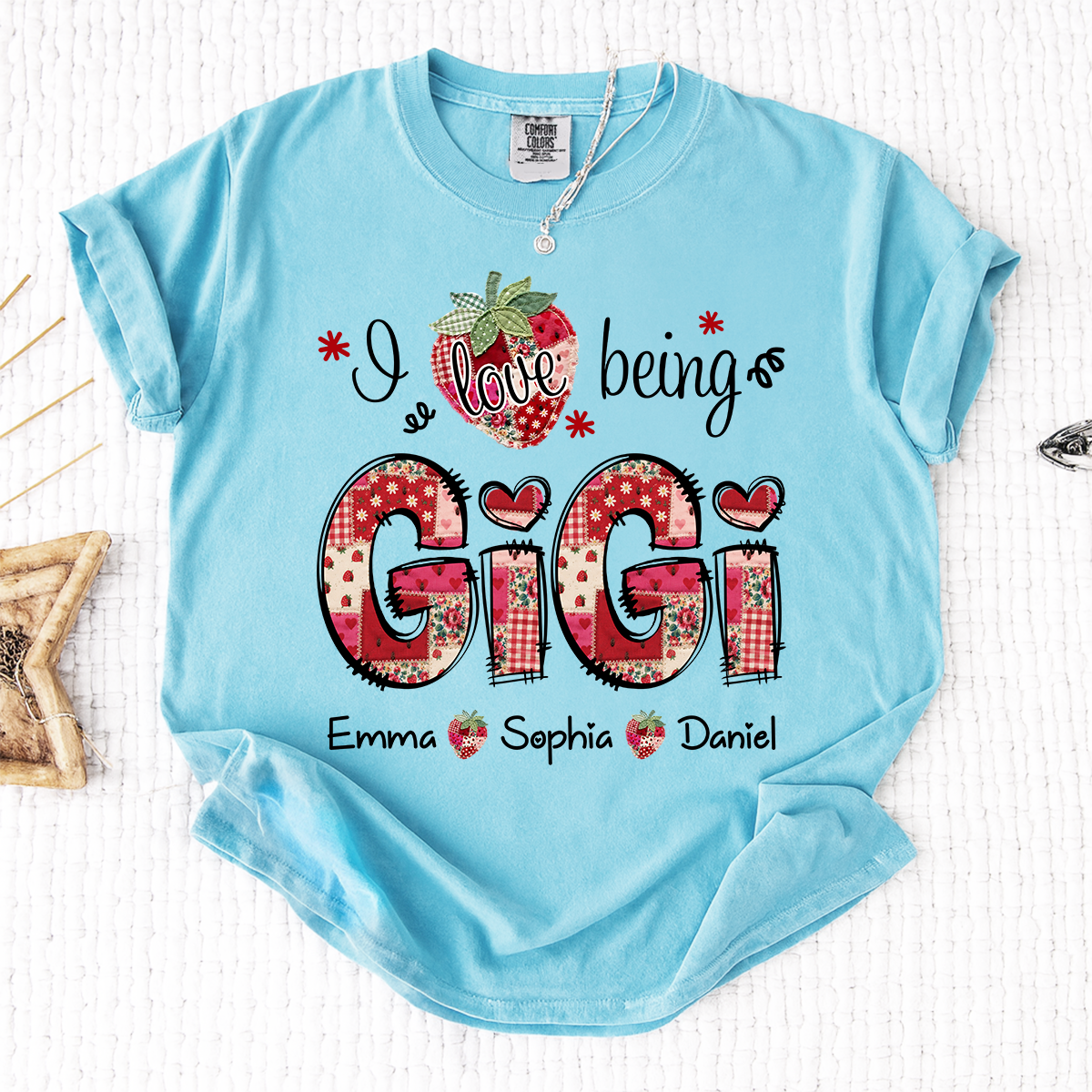 Comfort Colors Personalized I Love Being Gigi Shirt, Custom Grandma Strawberry Patchwork Tee with Names, Gift for Grandma