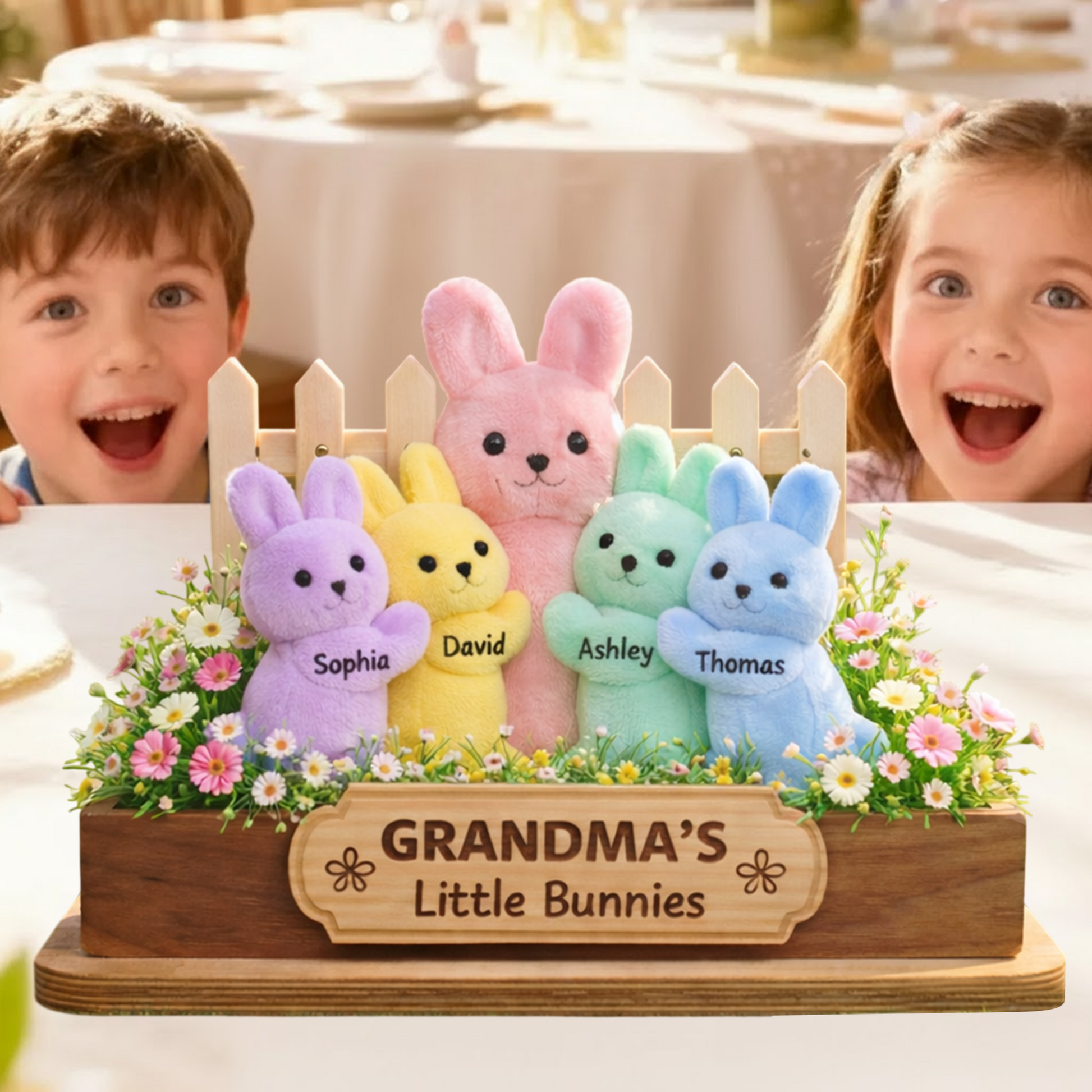 Personalized Easter Wooden Plaque - "Grandma's Little Bunnies" with Custom Grandkids' Names, Plush Bunny and Floral Design